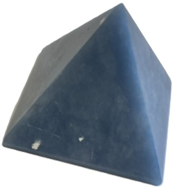 Polished natural angelite crystal pyramid2 sians emporium Polished blue angelite four sided pyramid showing natural white veining and earthy inclusions on a white background